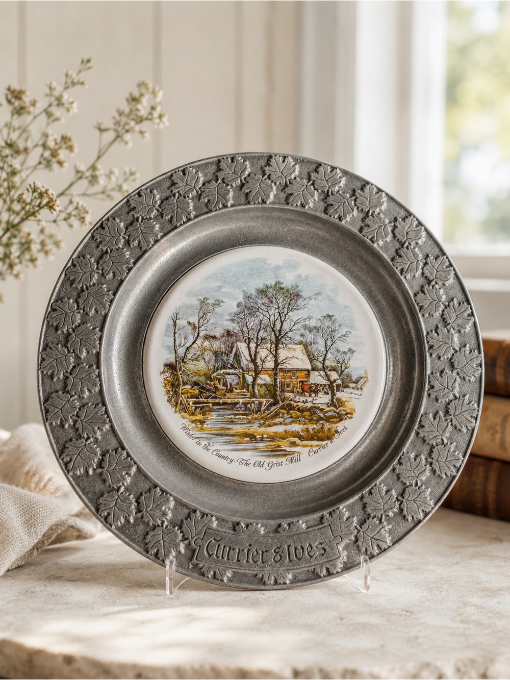Vintage Currier & Ives Old Grist Mill Pewter Plate | Carson Freeport PA | Winter